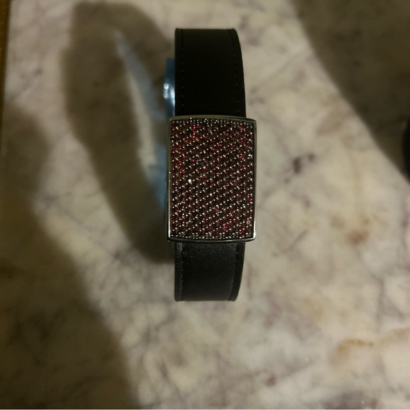 Black leather bracelet with Red Crystal Face